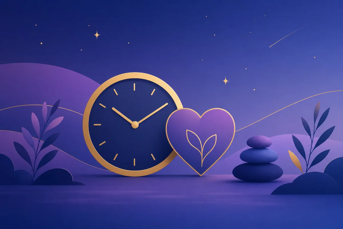 Calm illustration about balanced play: time, wellbeing and mindful breaks — no gambling imagery